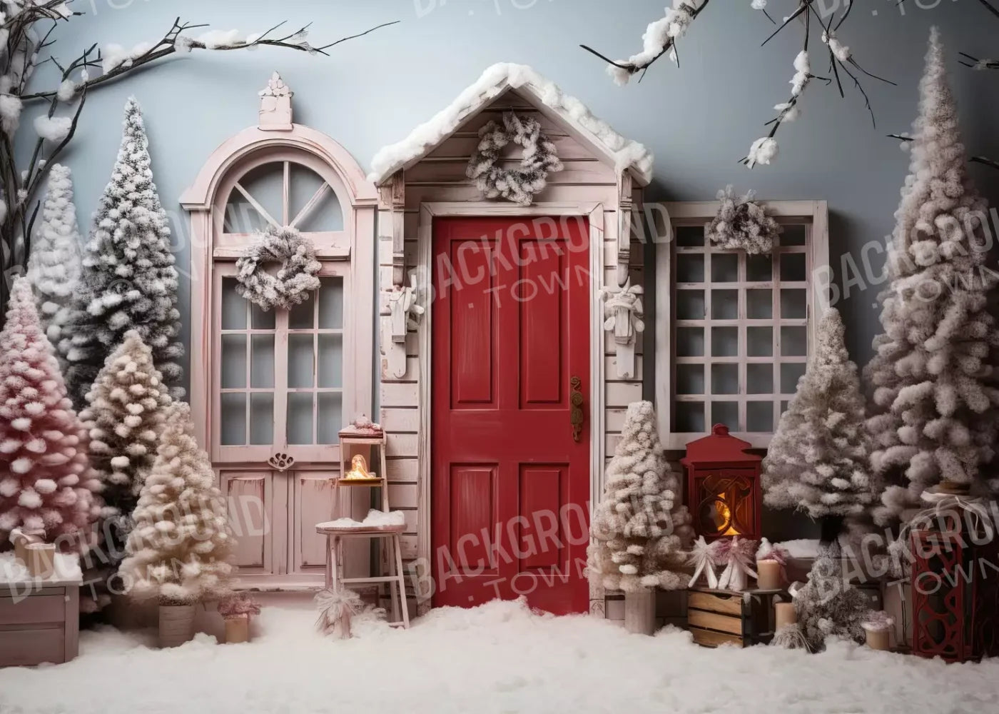 Pastel Christmas Door I 7’X5’ Ultracloth (84 X 60 Inch) Backdrop