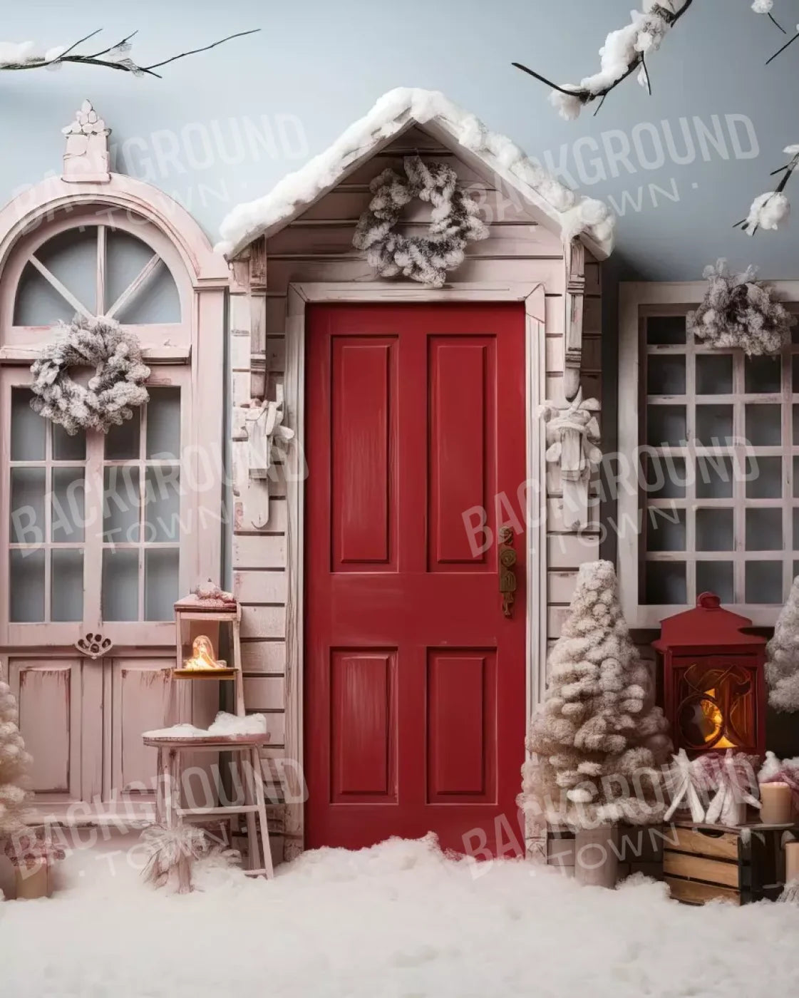 Pastel Christmas Door I 8’X10’ Fleece (96 X 120 Inch) Backdrop