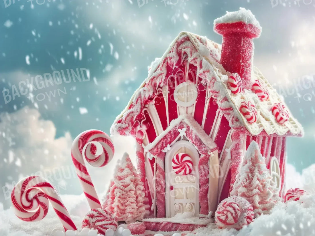 Peppermint Candy House And Path Christmas 6’8x5’ Fleece (80 x 60 inch) Backdrop