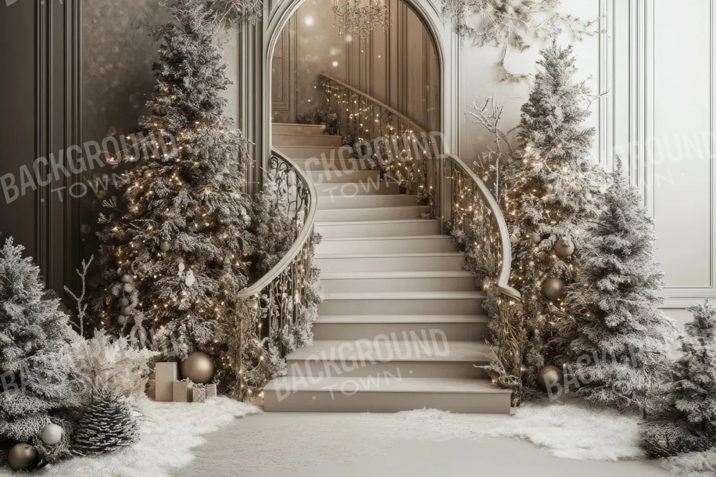 Pewter Sparkle Christmas Staircase 12’x8’ UltraCloth (144 x 96 inch) Backdrop