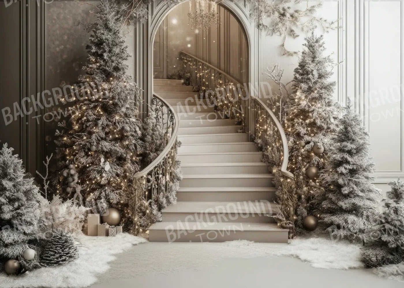 Pewter Sparkle Christmas Staircase 7’x5’ UltraCloth (84 x 60 inch) Backdrop