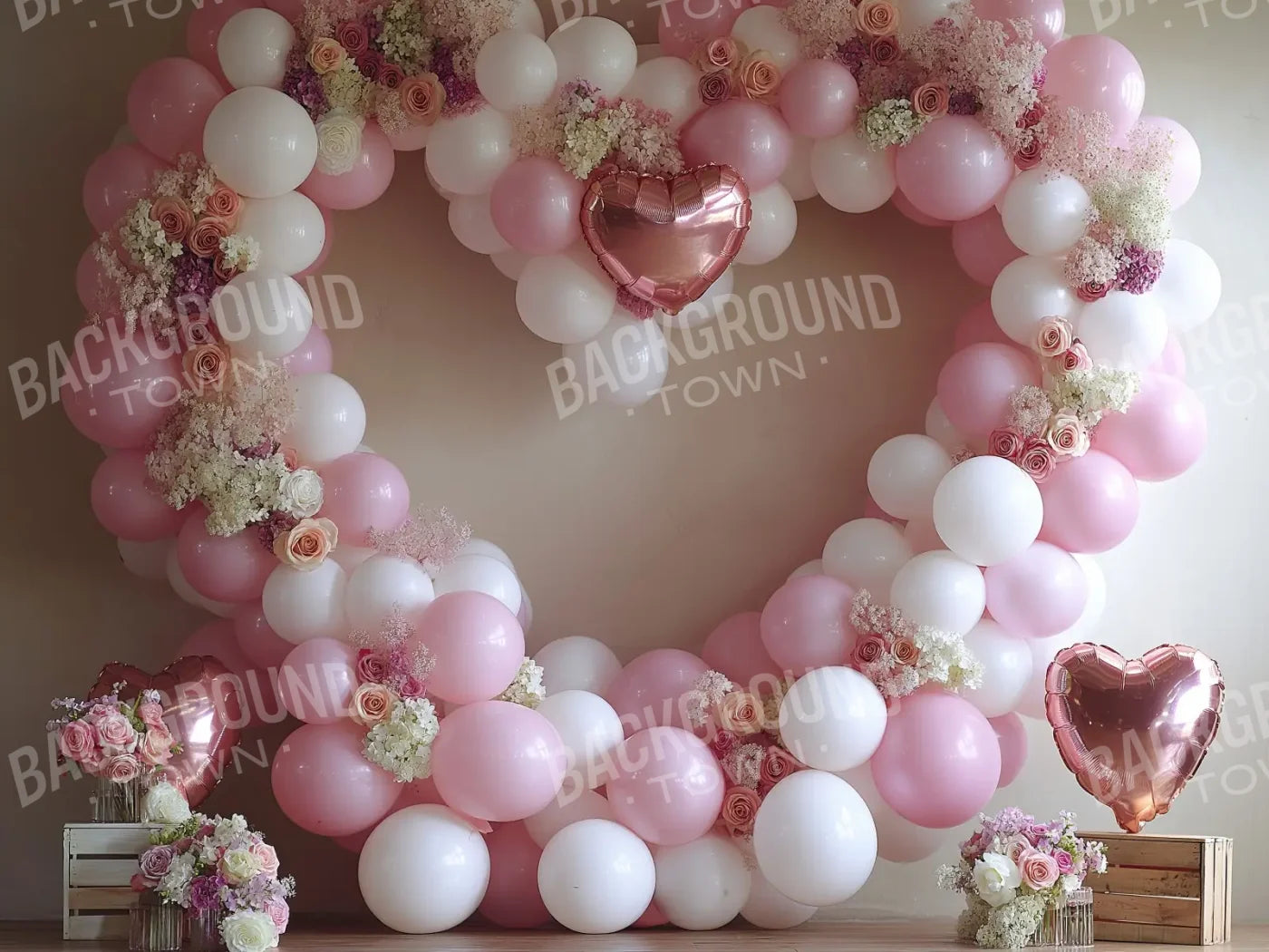 Pink Balloon Heart 6’8x5’ Fleece (80 x 60 inch) Backdrop