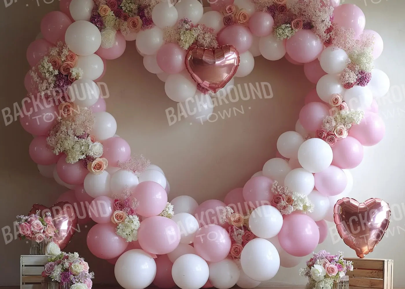 Pink Balloon Heart 7’x5’ UltraCloth (84 x 60 inch) Backdrop