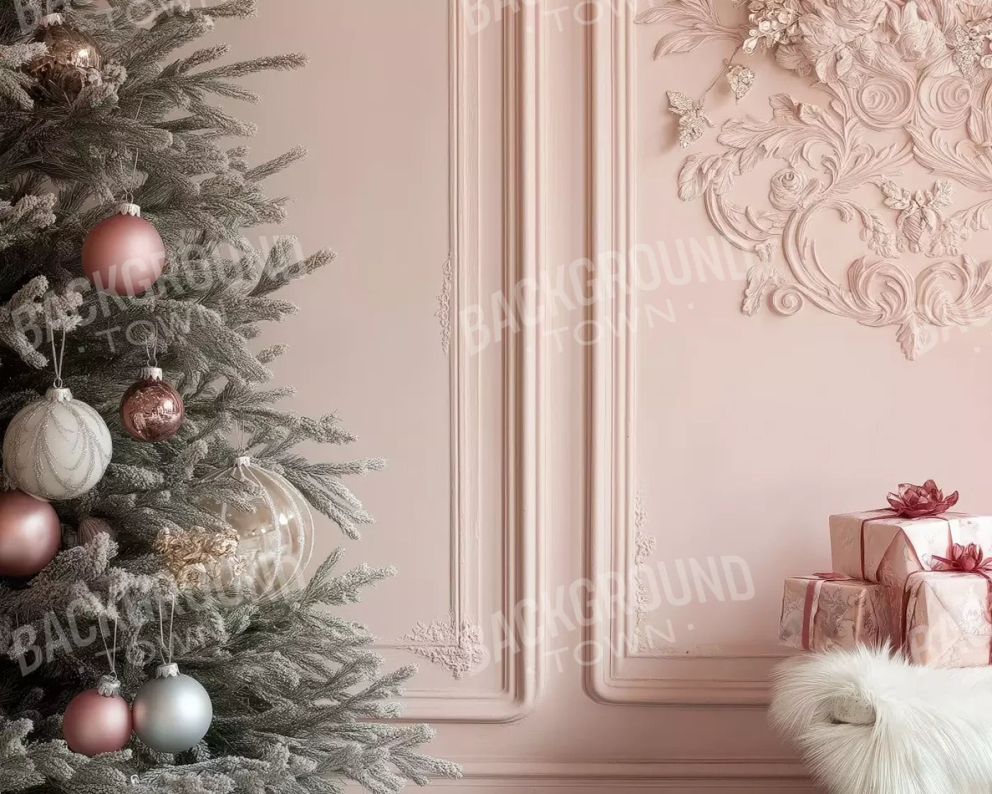 Pink Christmas Tree And Wall 10’X8’ Fleece (120 X 96 Inch) Backdrop