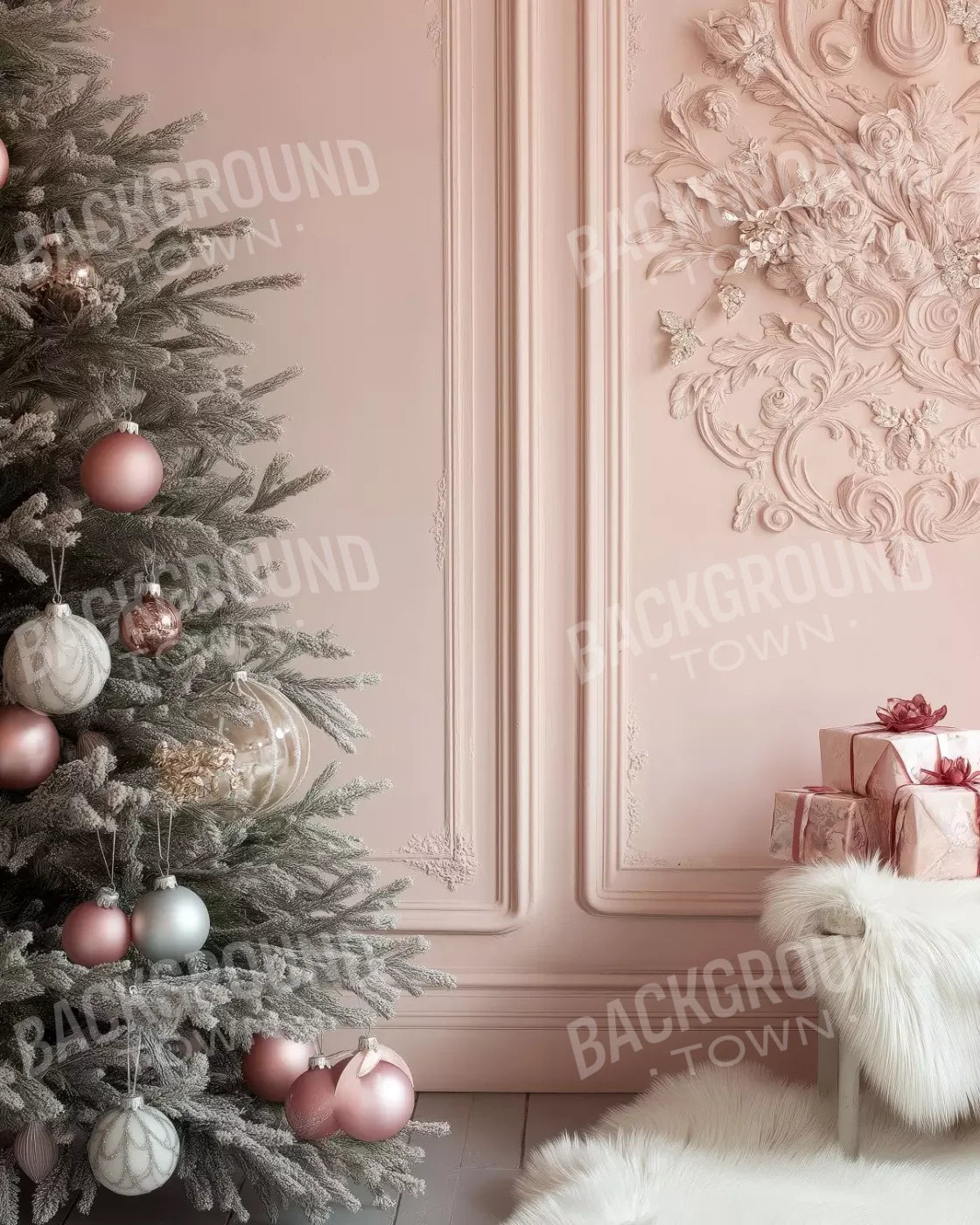 Pink Christmas Tree And Wall 8’X10’ Fleece (96 X 120 Inch) Backdrop