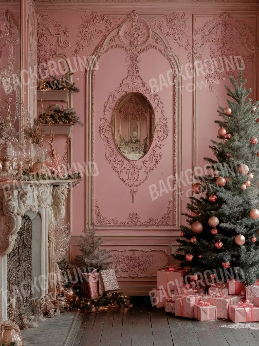 Pink Victorian Christmas Wall 5’X6’8 Fleece (60 X 80 Inch) Backdrop