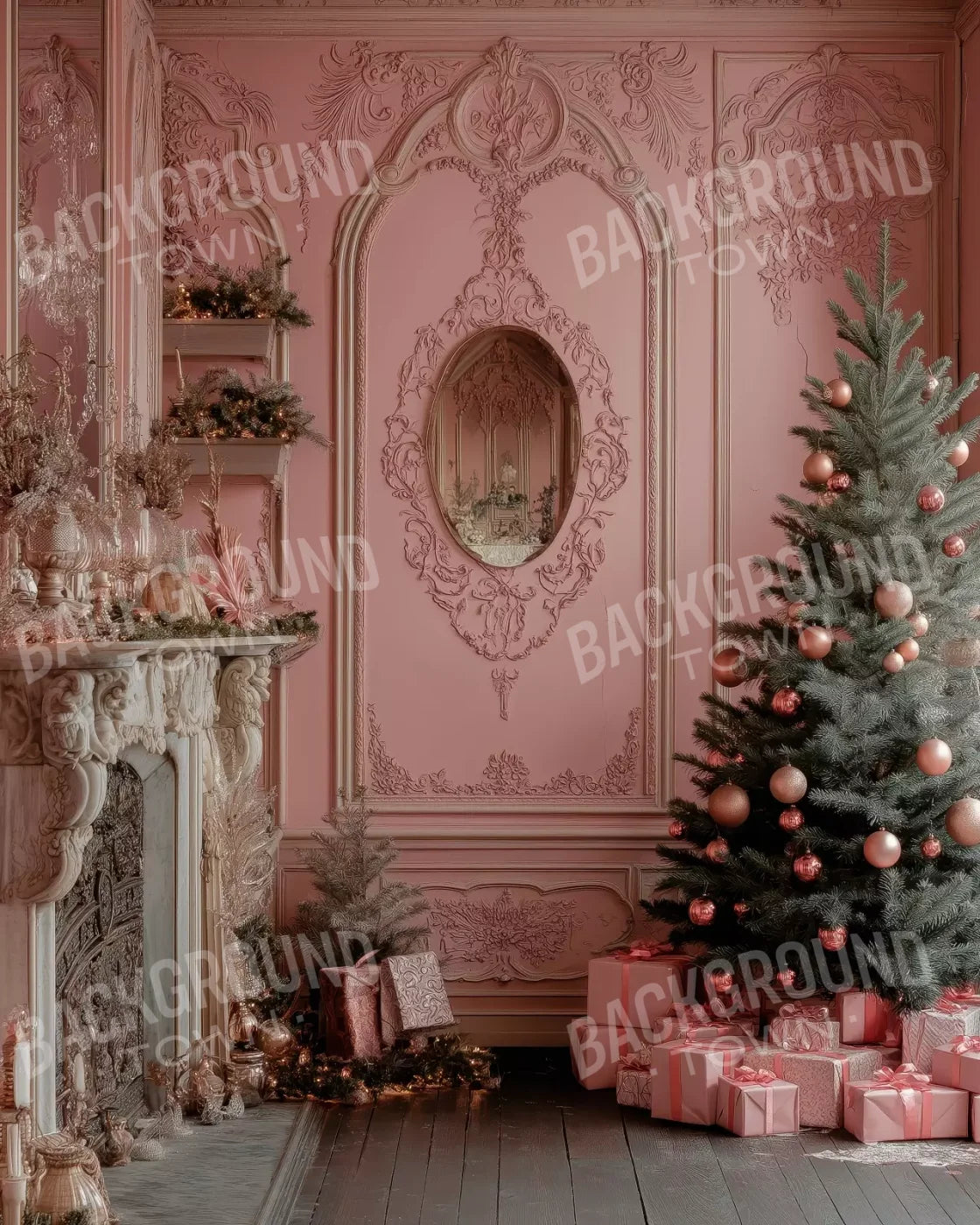 Pink Victorian Christmas Wall 8’X10’ Fleece (96 X 120 Inch) Backdrop