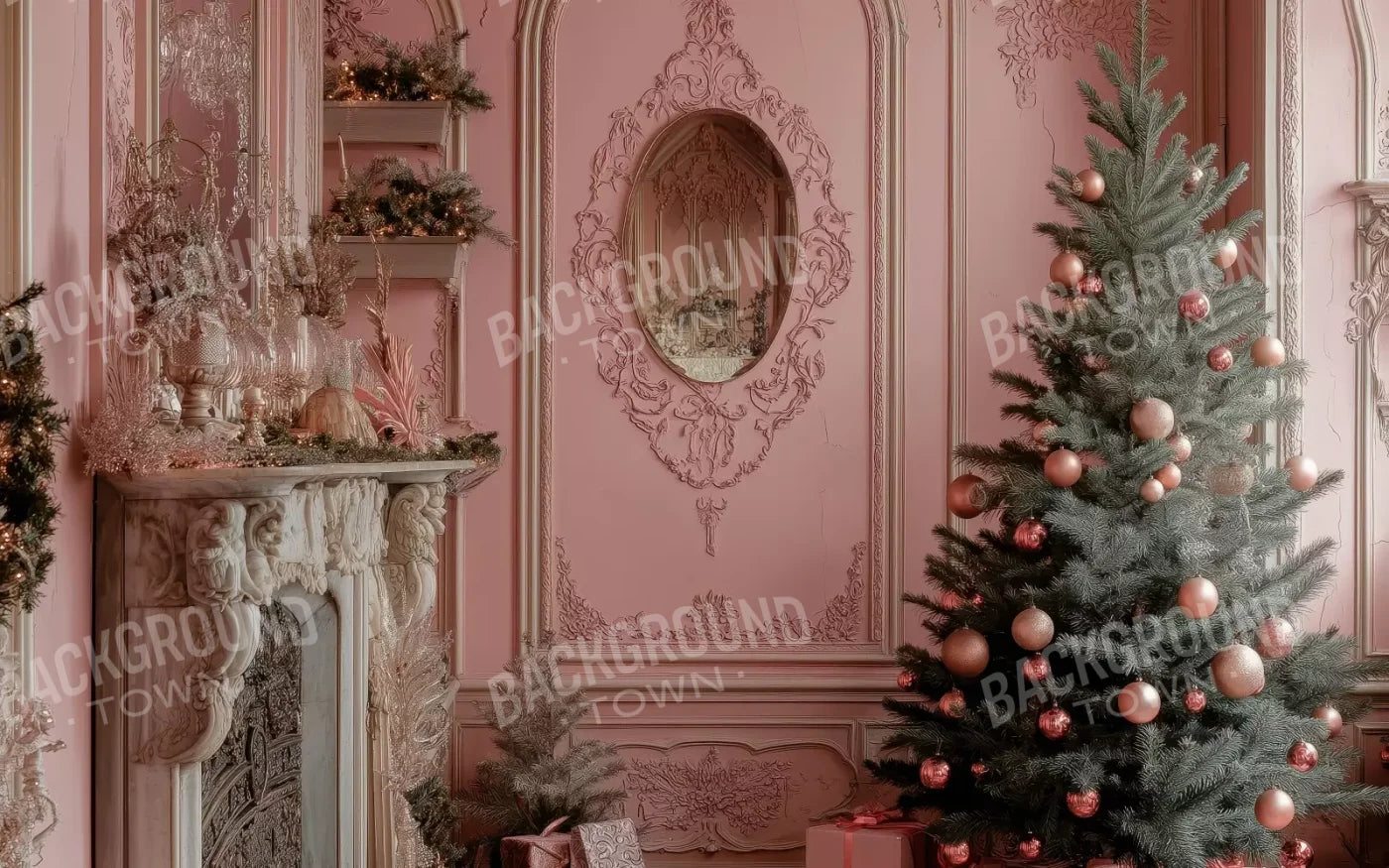 Pink Victorian Christmas Wall 8’X5’ Ultracloth (96 X 60 Inch) Backdrop