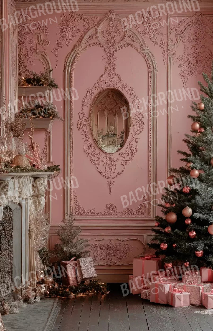Pink Victorian Christmas Wall 9’X14’ Ultracloth (108 X 168 Inch) Backdrop