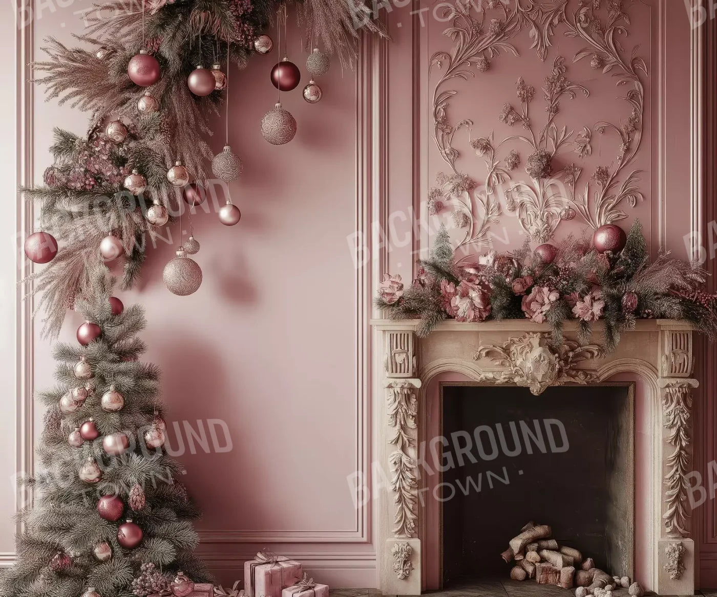 Pink Victorian Fireplace 12’X10’ Ultracloth (144 X 120 Inch) Backdrop