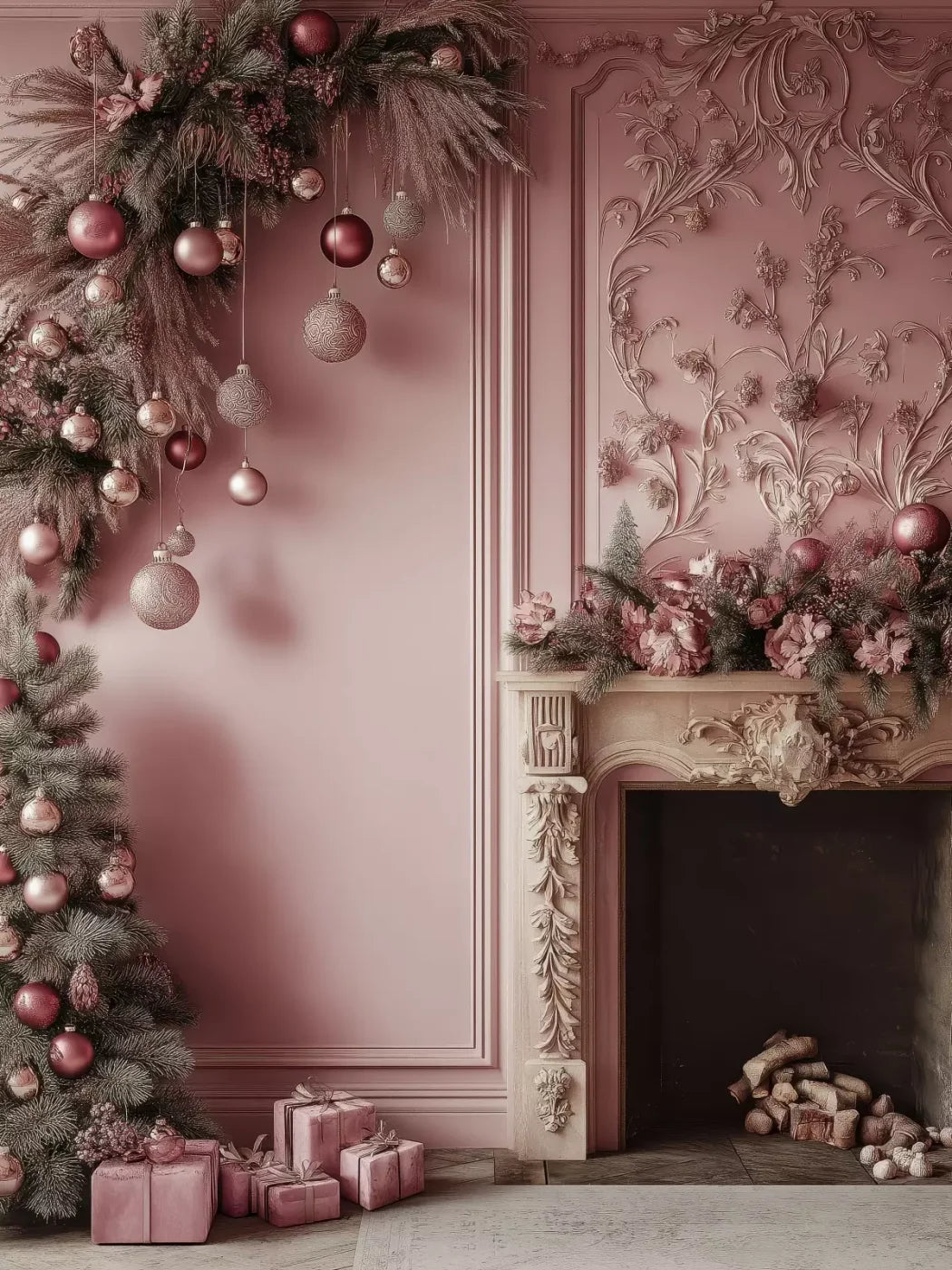 Pink Victorian Fireplace 5’X6’8 Fleece (60 X 80 Inch) Backdrop