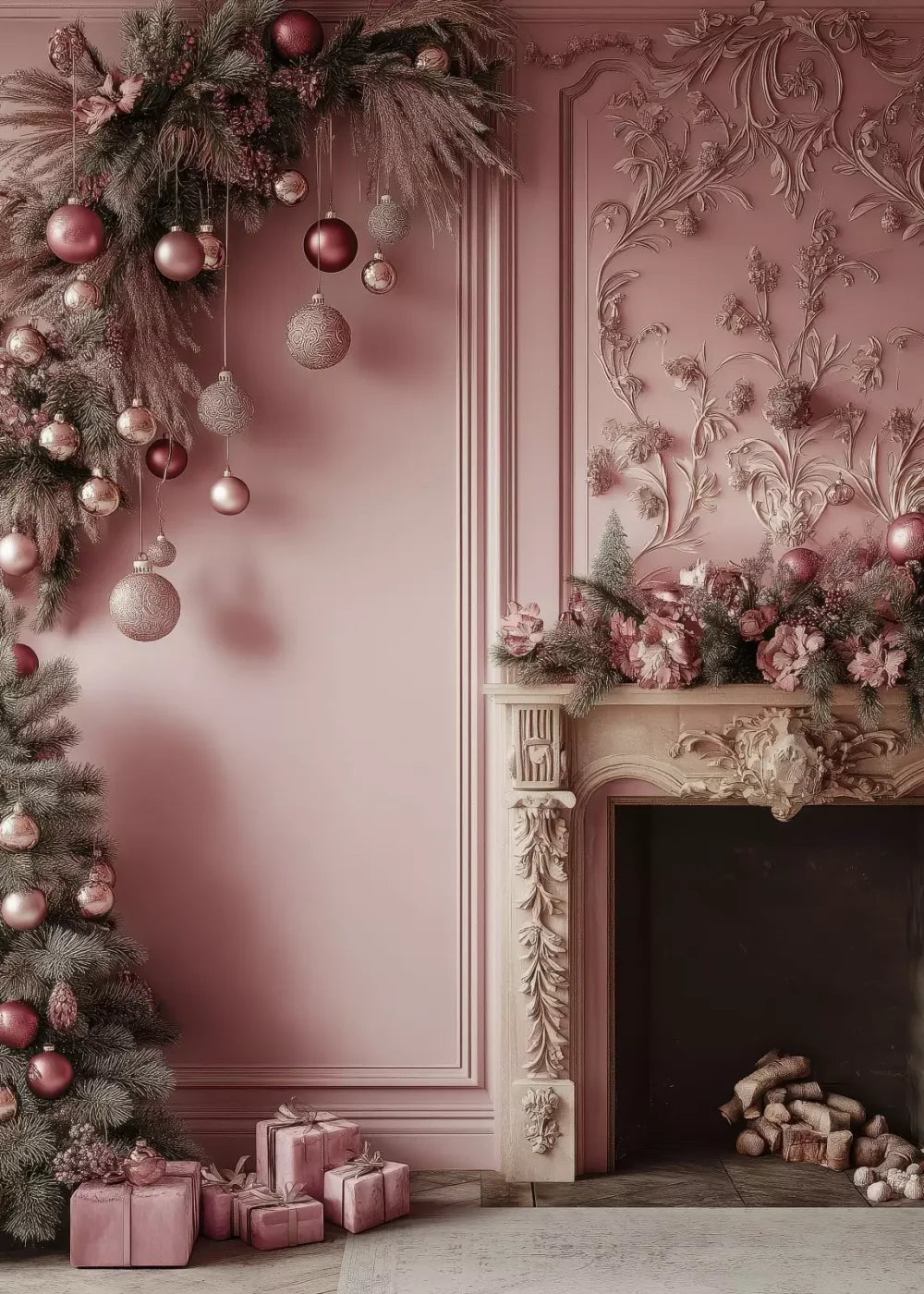 Pink Victorian Fireplace 5’X7’ Ultracloth (60 X 84 Inch) Backdrop