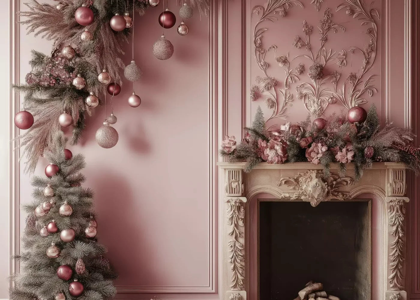 Pink Victorian Fireplace 7’X5’ Ultracloth (84 X 60 Inch) Backdrop