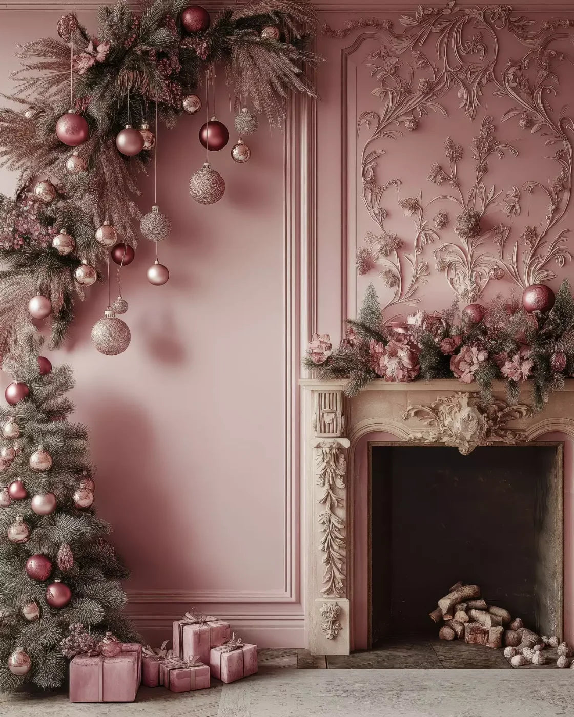 Pink Victorian Fireplace 8’X10’ Fleece (96 X 120 Inch) Backdrop