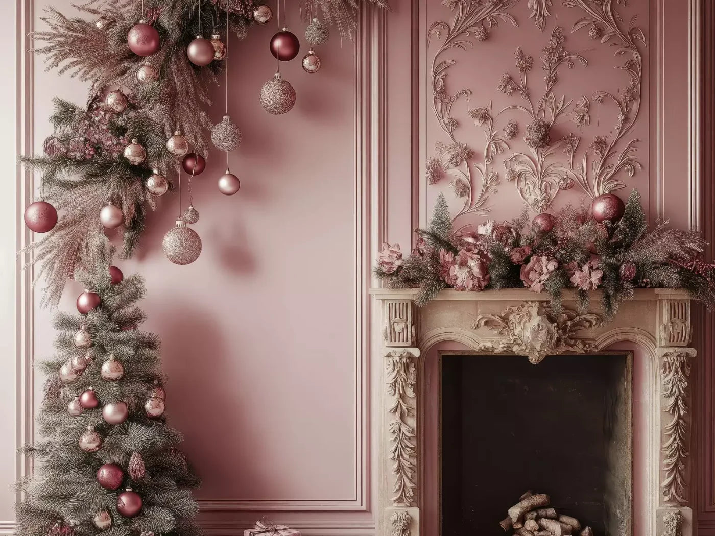 Pink Victorian Fireplace 8’X6’ Fleece (96 X 72 Inch) Backdrop