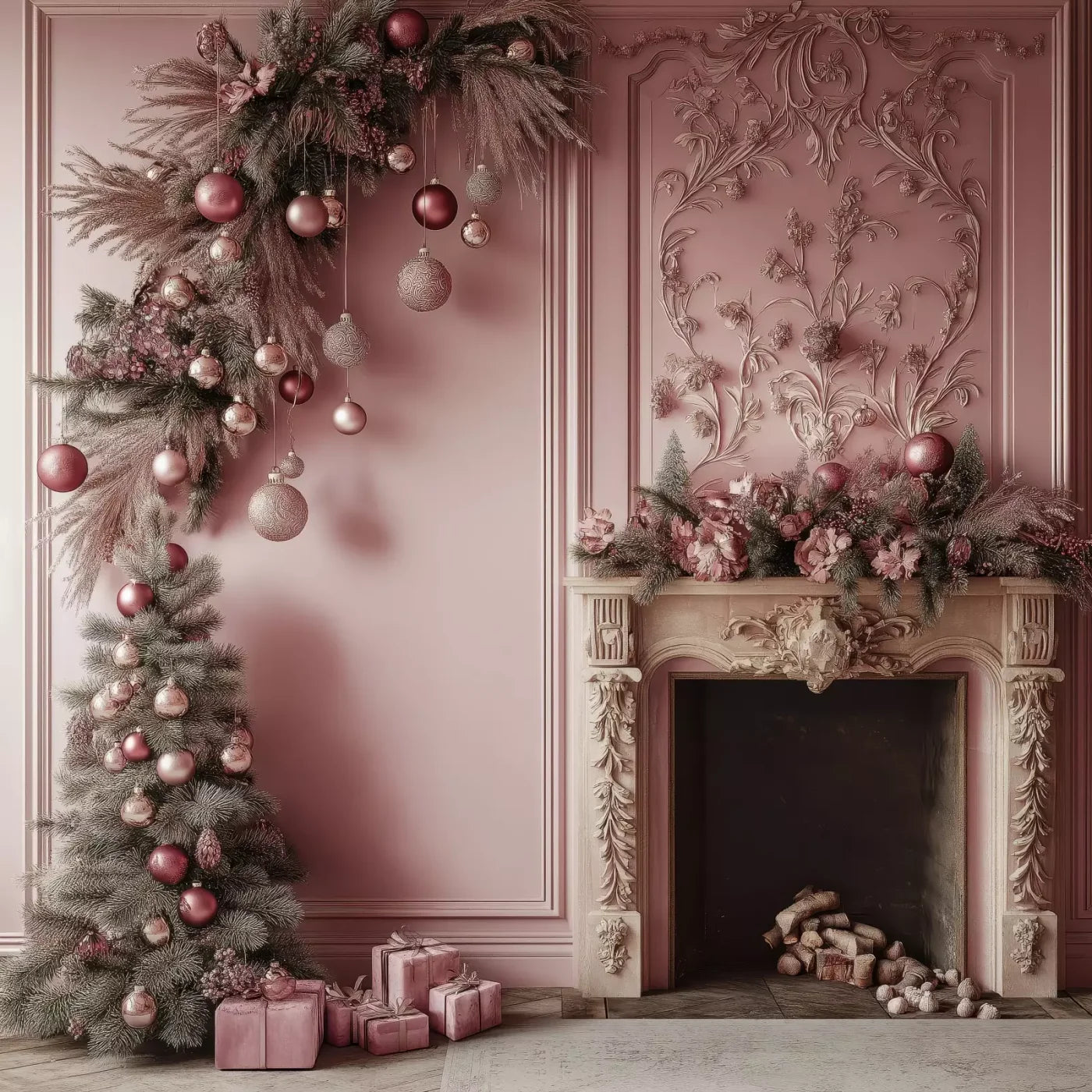 Pink Victorian Fireplace 8’X8’ Fleece (96 X Inch) Backdrop
