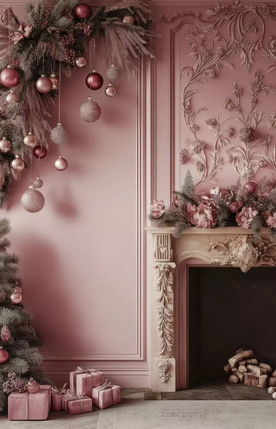 Pink Victorian Fireplace 9’X14’ Ultracloth (108 X 168 Inch) Backdrop