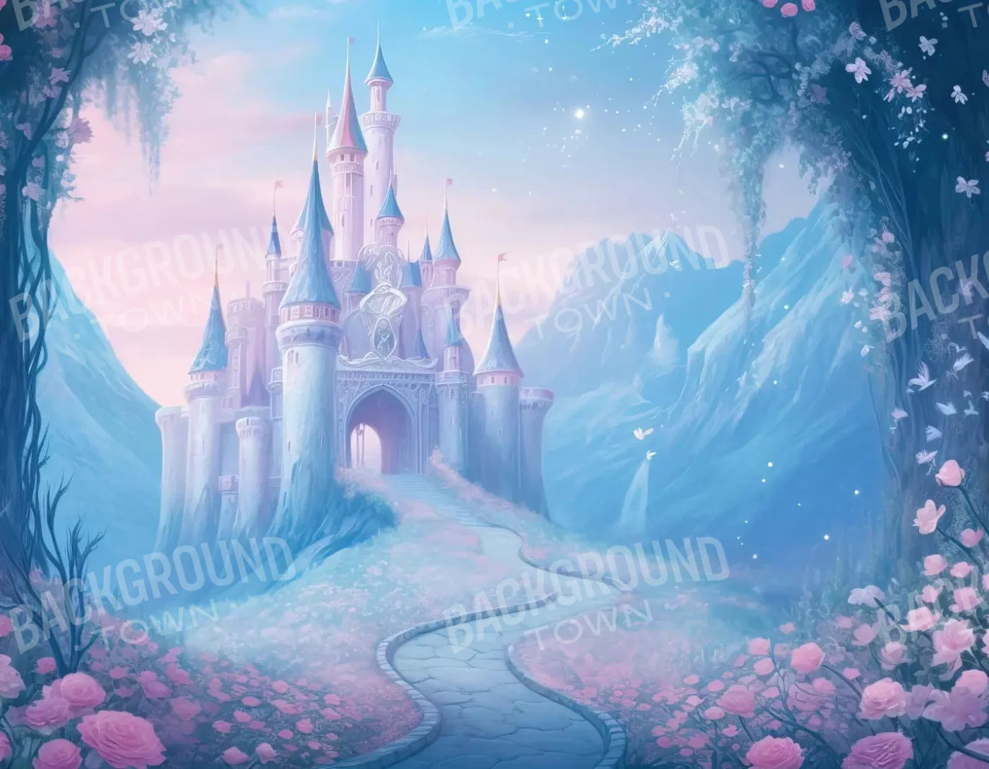 Princess Castle In The Mist 8X6 Fleece ( 96 X 72 Inch ) Backdrop