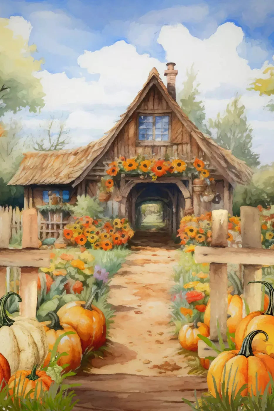 Pumpkin Patch Cottage 5X8 Ultracloth ( 60 X 96 Inch ) Backdrop