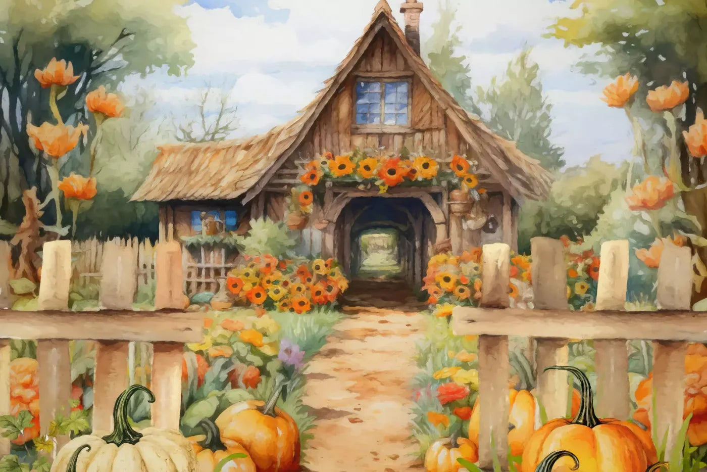 Pumpkin Patch Cottage 8X5 Ultracloth ( 96 X 60 Inch ) Backdrop