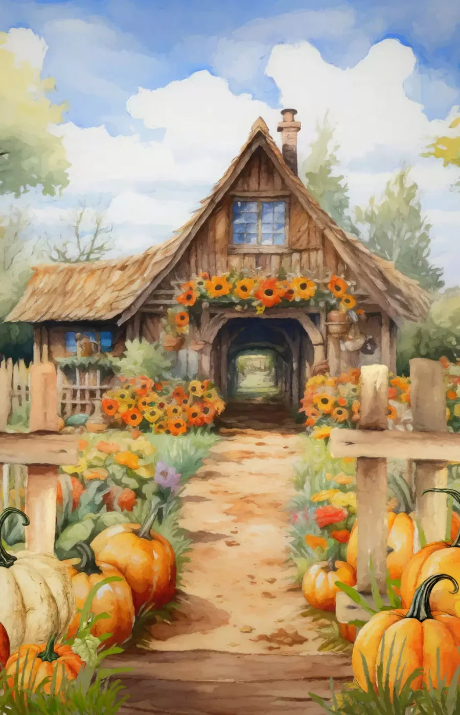 Pumpkin Patch Cottage 8X12 Ultracloth ( 96 X 144 Inch ) Backdrop