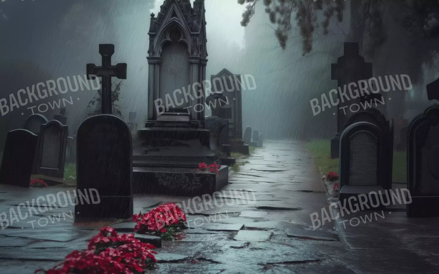 Rainy Old Cemetary 16’X10’ Ultracloth (192 X 120 Inch) Backdrop