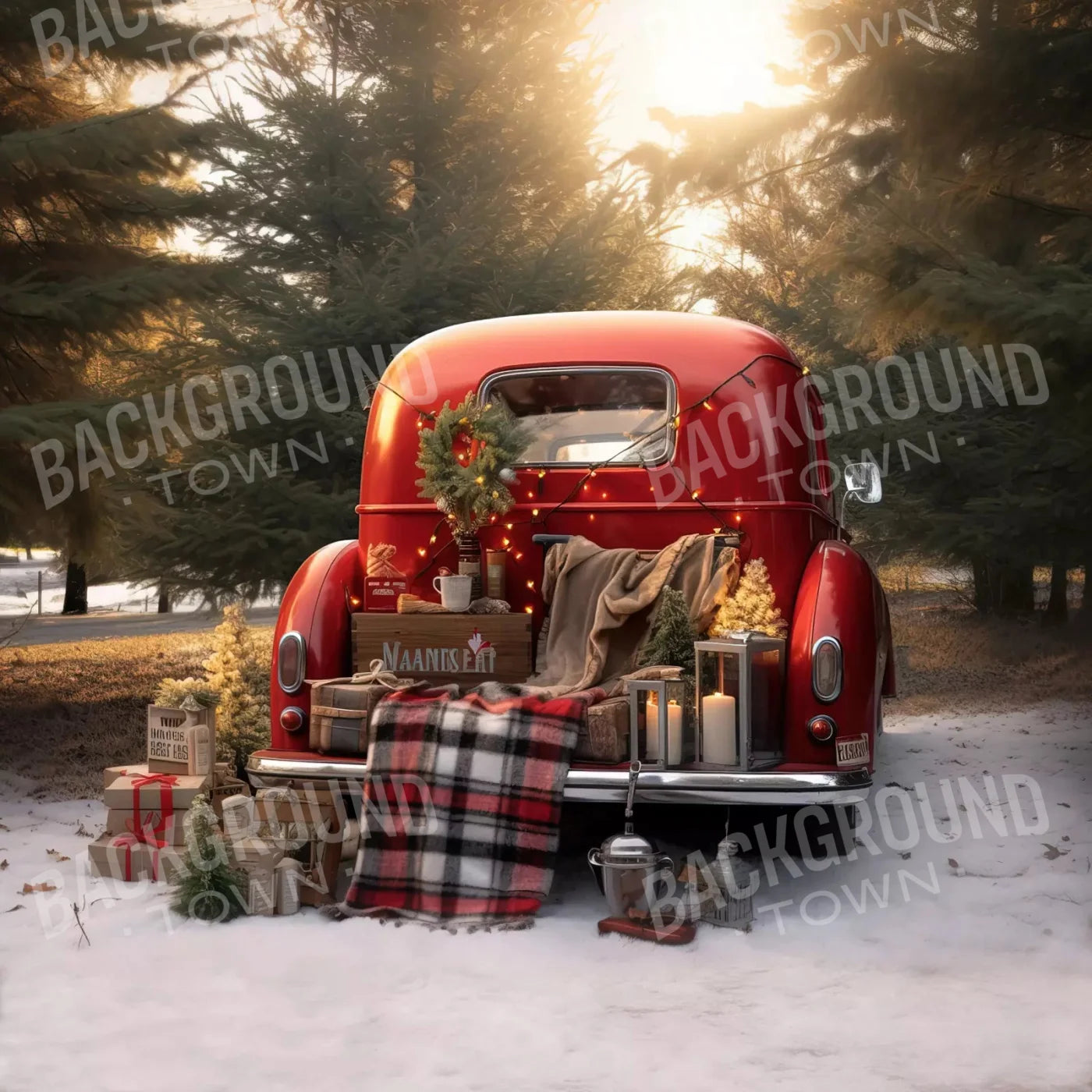 Christmas Red Truck At Sunset 8X8 Fleece ( 96 X Inch ) Backdrop