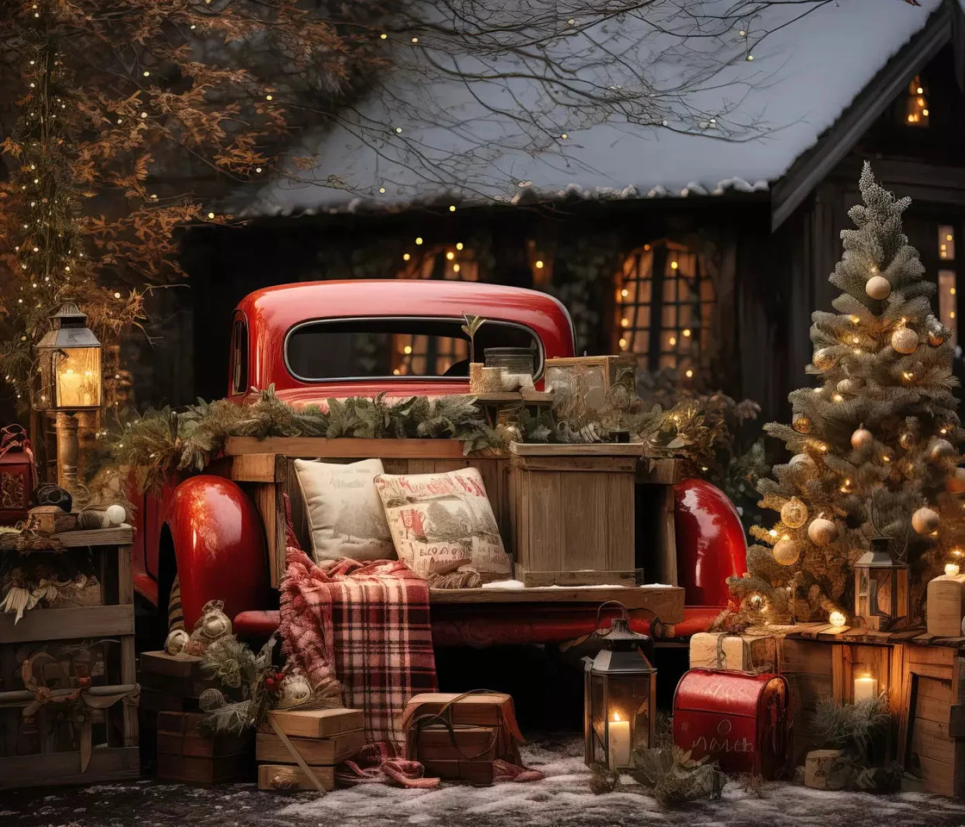 Red Truck Holiday At Cabin 12X10 Ultracloth ( 144 X 120 Inch ) Backdrop