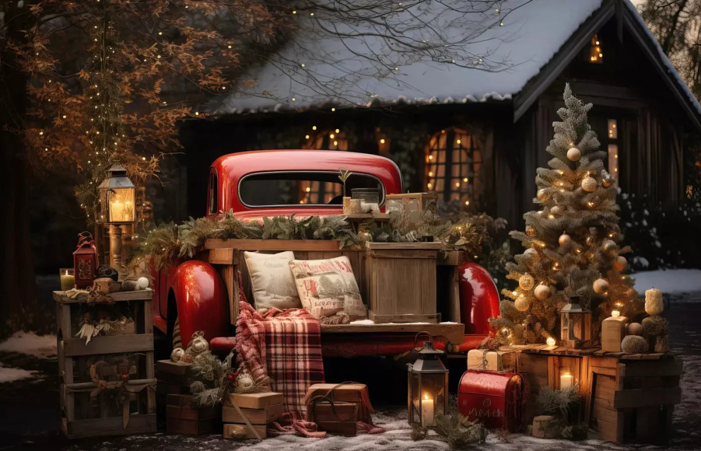 Red Truck Holiday At Cabin 12X8 Ultracloth ( 144 X 96 Inch ) Backdrop