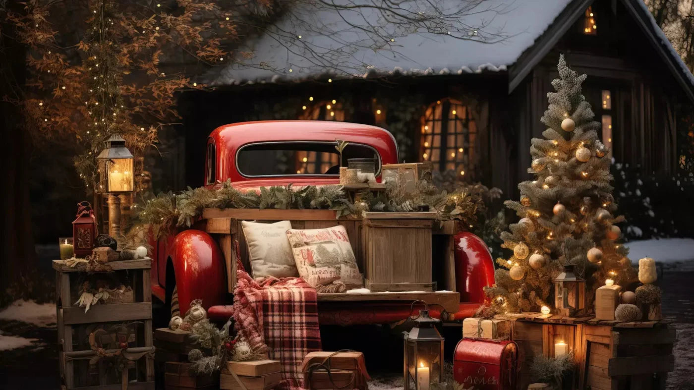 Red Truck Holiday At Cabin 14X8 Ultracloth ( 168 X 96 Inch ) Backdrop