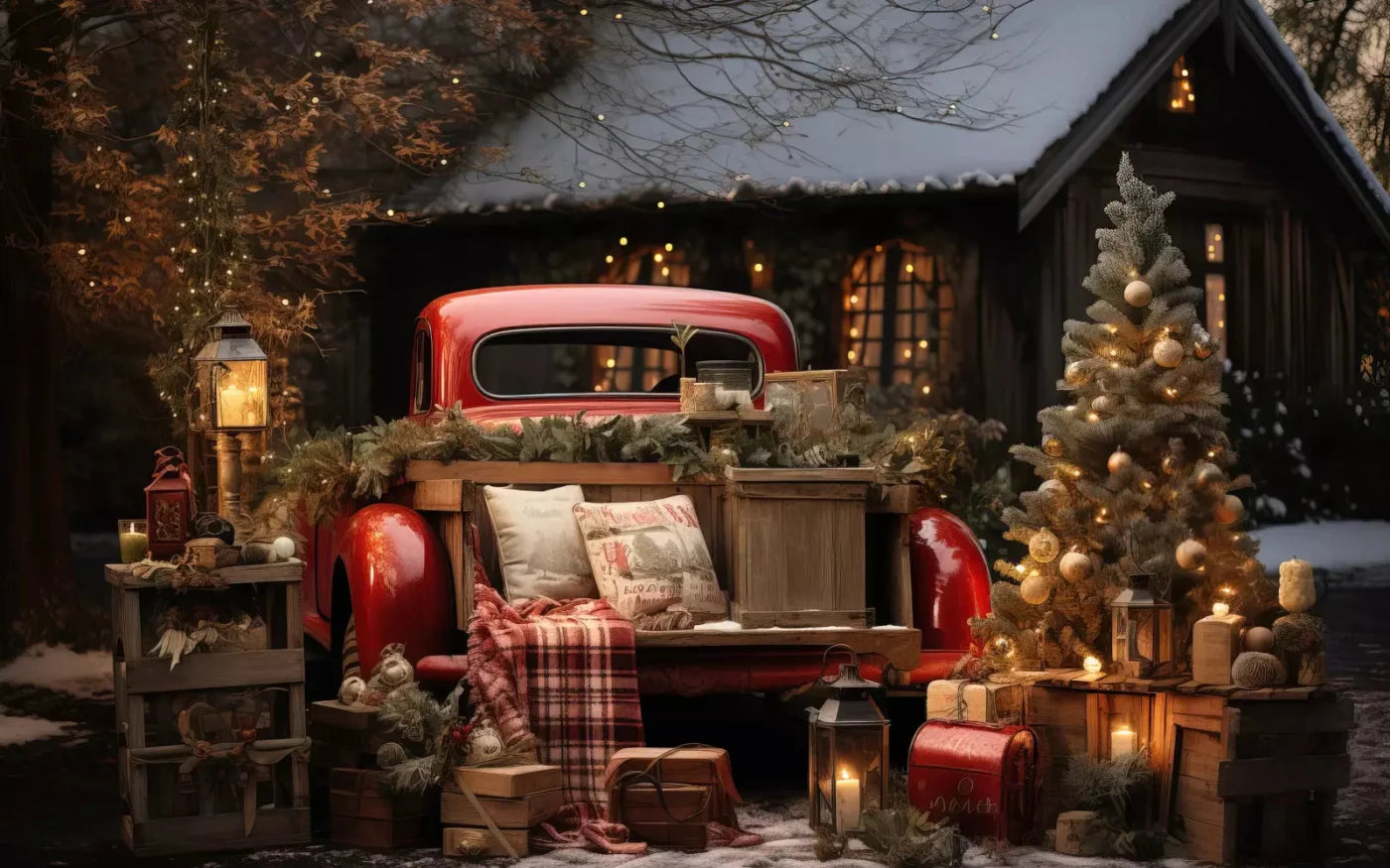 Red Truck Holiday At Cabin 14X9 Ultracloth ( 168 X 108 Inch ) Backdrop