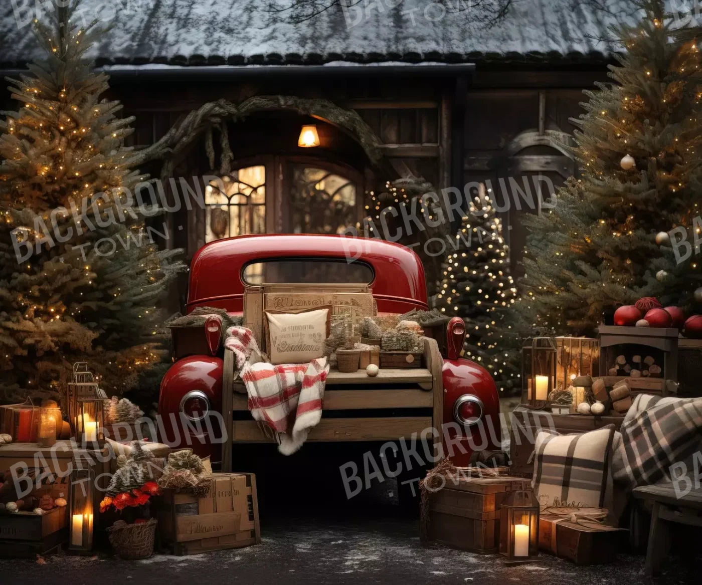 Red Truck Holiday At Cabin Ii 12’X10’ Ultracloth (144 X 120 Inch) Backdrop