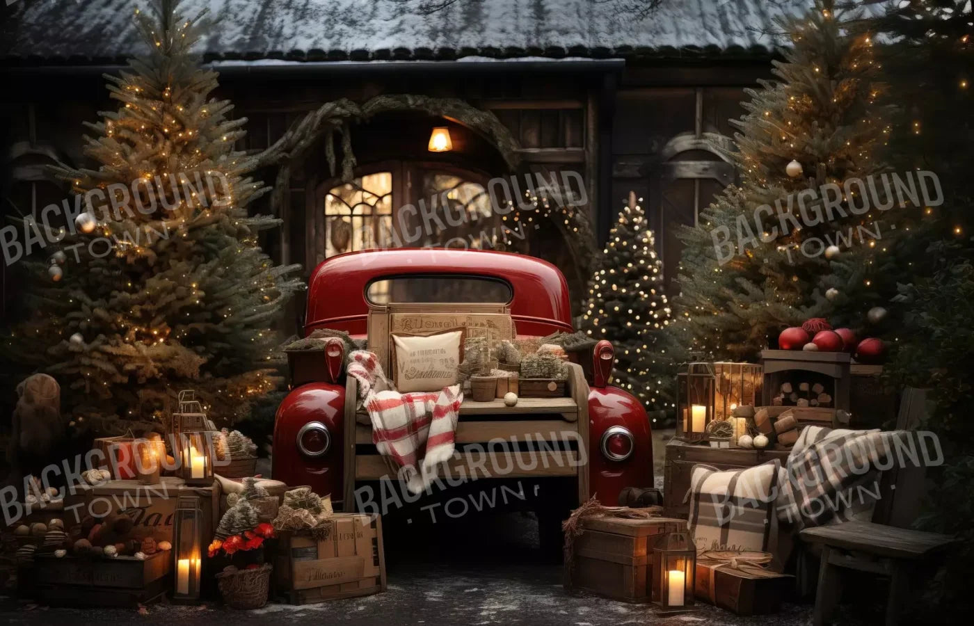 Red Truck Holiday At Cabin Ii 14’X9’ Ultracloth (168 X 108 Inch) Backdrop
