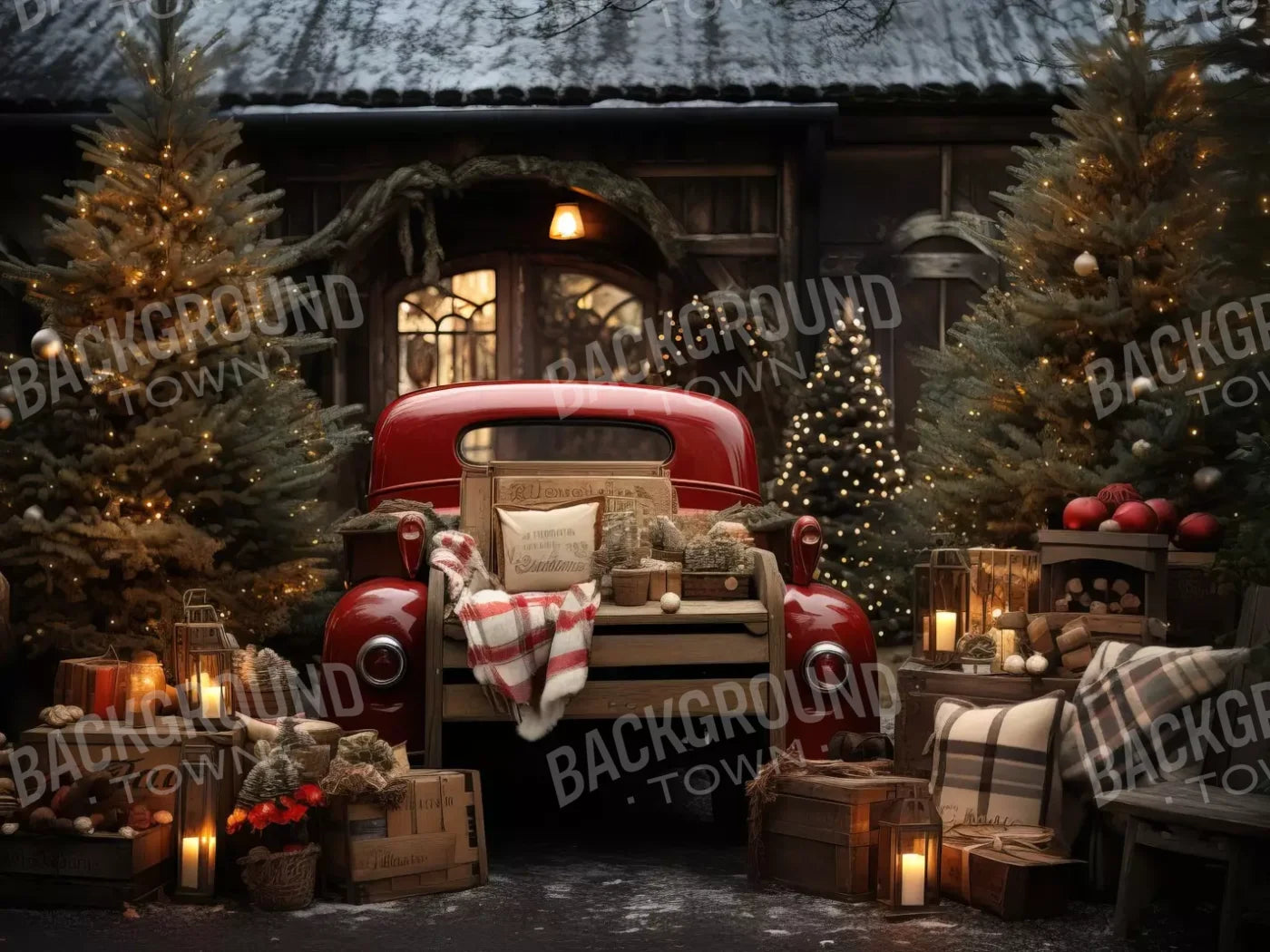 Red Truck Holiday At Cabin Ii 8’X6’ Fleece (96 X 72 Inch) Backdrop