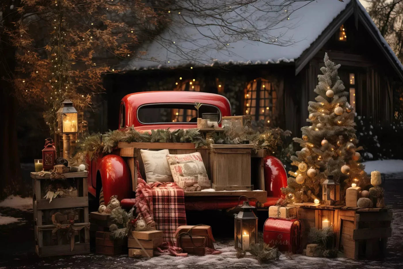 Red Truck Holiday At Cabin 8X5 Ultracloth ( 96 X 60 Inch ) Backdrop