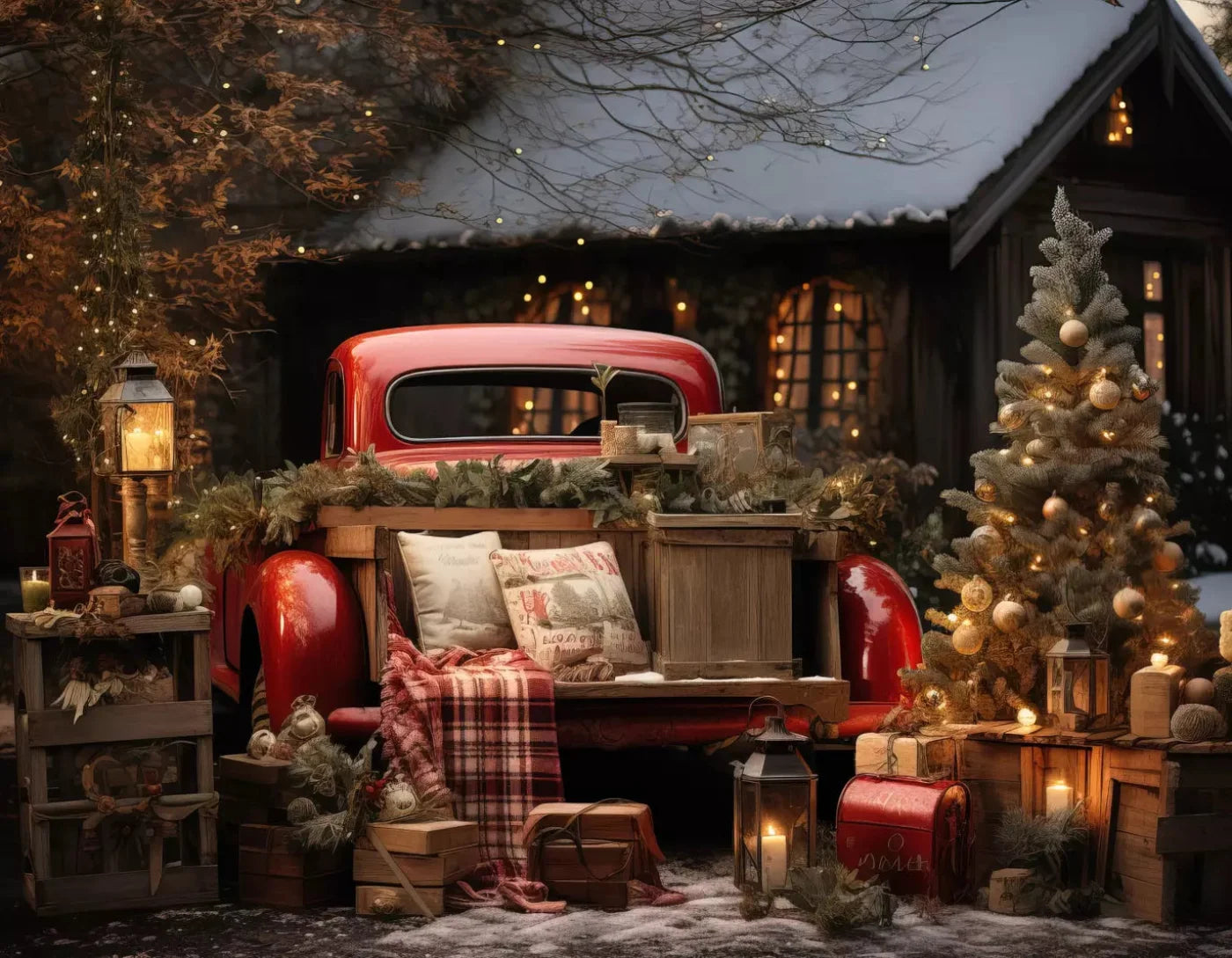Red Truck Holiday At Cabin 8X6 Fleece ( 96 X 72 Inch ) Backdrop