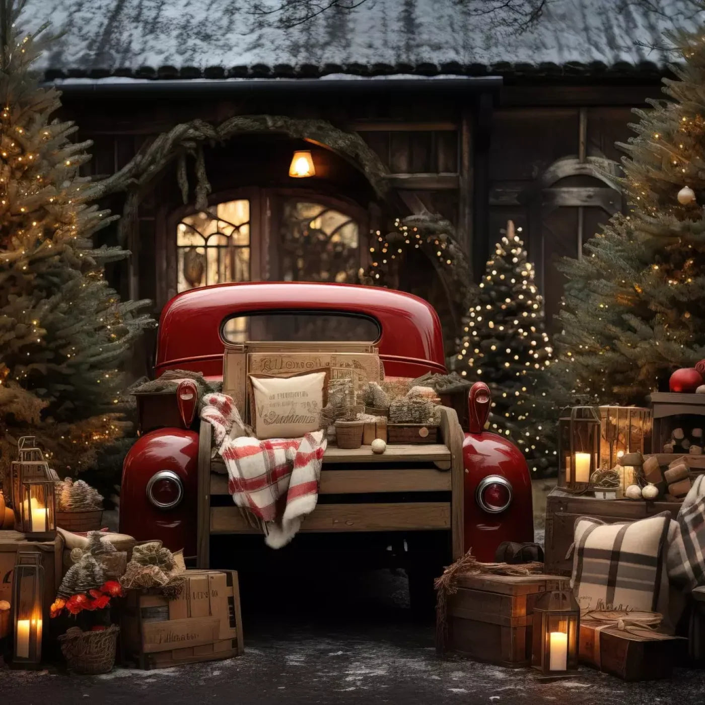 Red Truck Holiday At Cabin Ii 10’X10’ Ultracloth (120 X Inch) Backdrop