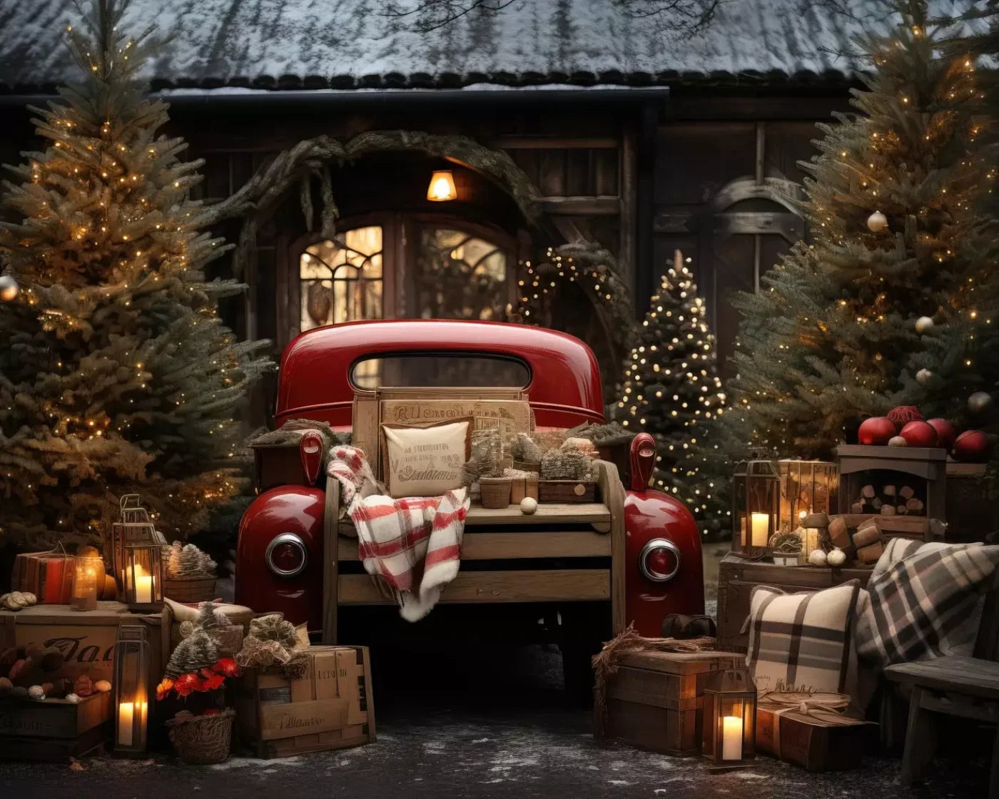 Red Truck Holiday At Cabin Ii 10’X8’ Fleece (120 X 96 Inch) Backdrop