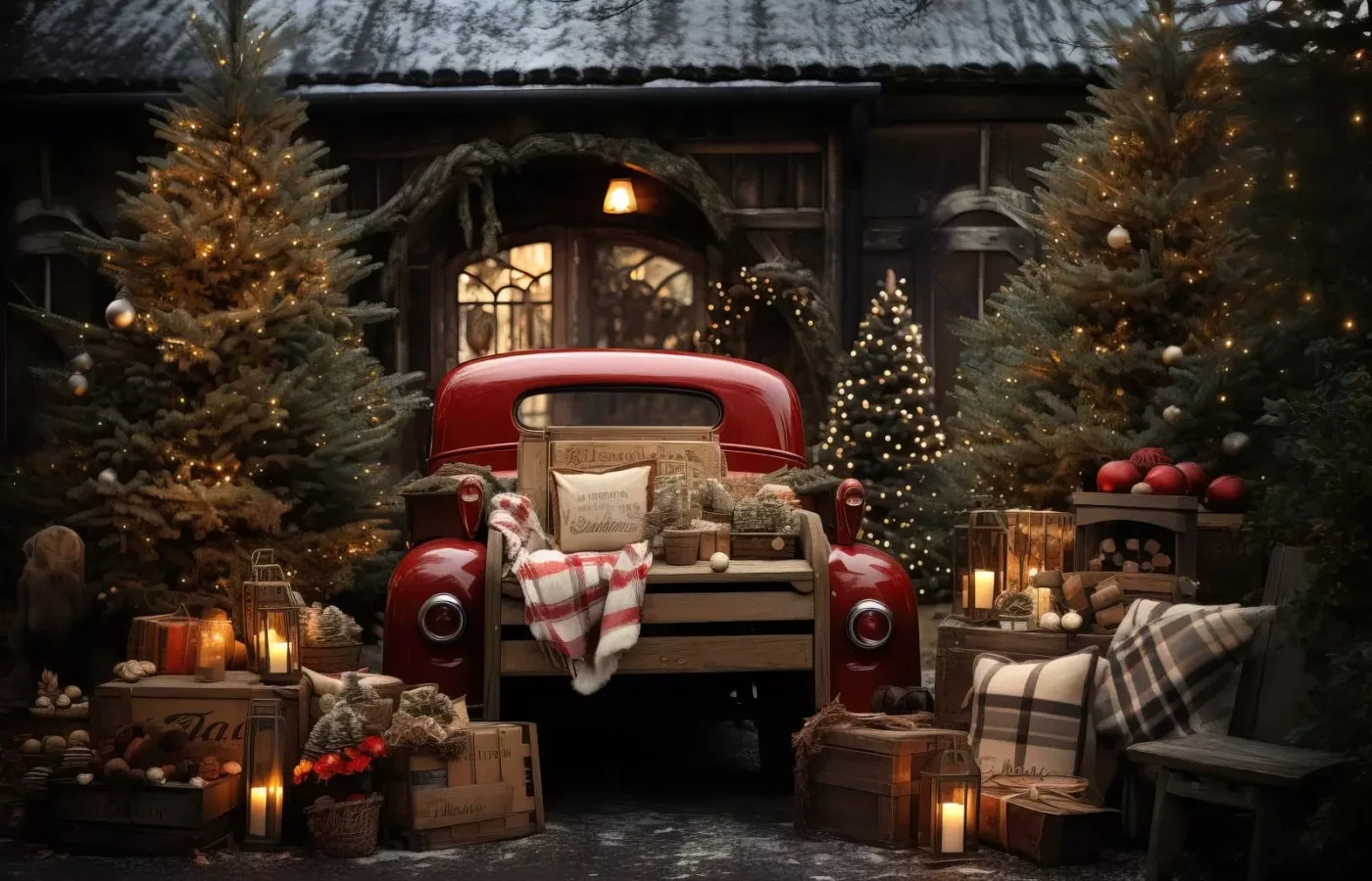 Red Truck Holiday At Cabin Ii 14’X9’ Ultracloth (168 X 108 Inch) Backdrop