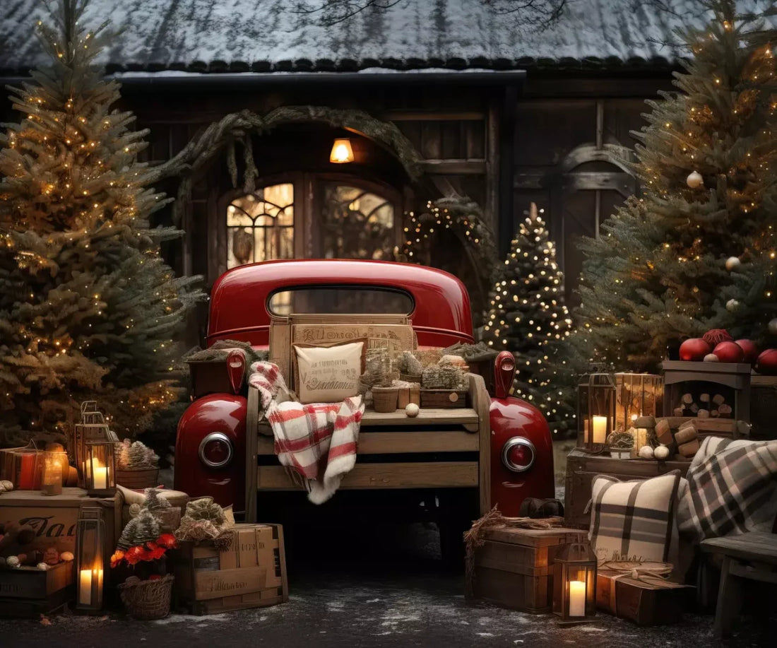 Red Truck Holiday At Cabin Ii 5’X4’2 Fleece (60 X 50 Inch) Backdrop
