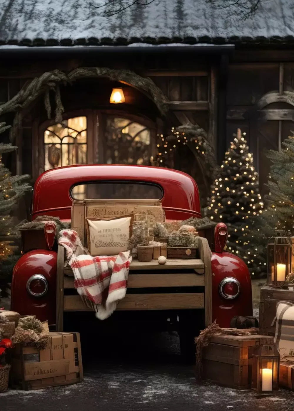 Red Truck Holiday At Cabin Ii 5’X7’ Ultracloth (60 X 84 Inch) Backdrop