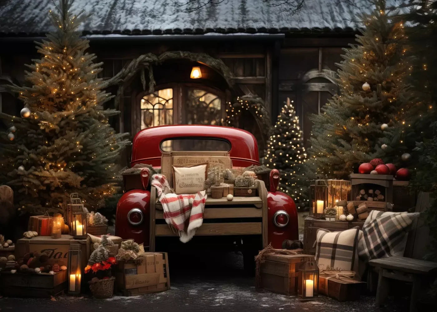 Red Truck Holiday At Cabin Ii 7’X5’ Ultracloth (84 X 60 Inch) Backdrop