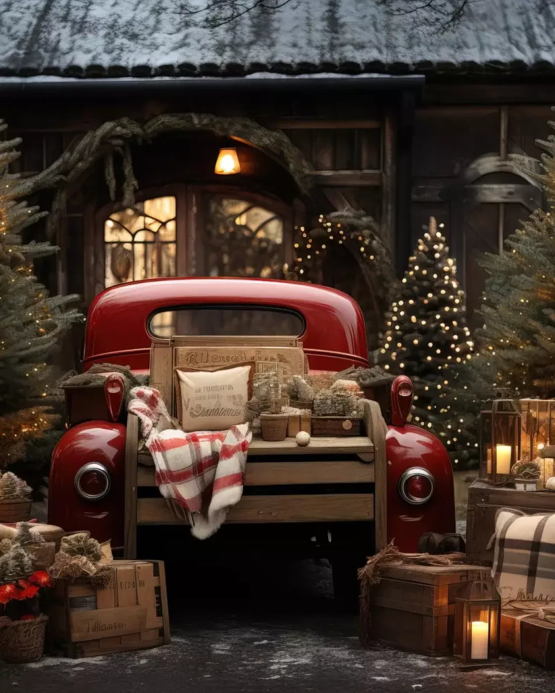Red Truck Holiday At Cabin Ii 8’X10’ Fleece (96 X 120 Inch) Backdrop