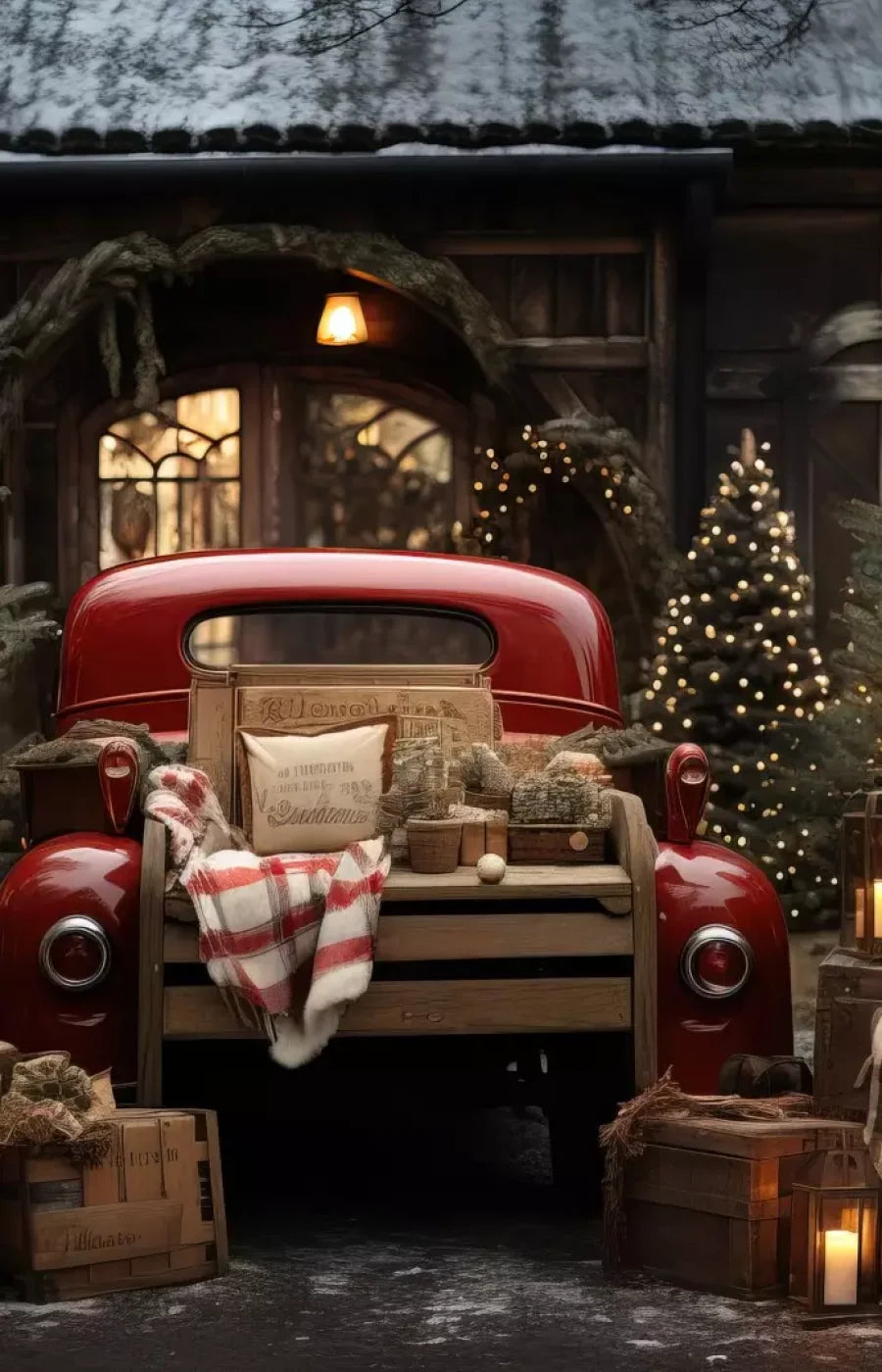 Red Truck Holiday At Cabin Ii 9’X14’ Ultracloth (108 X 168 Inch) Backdrop