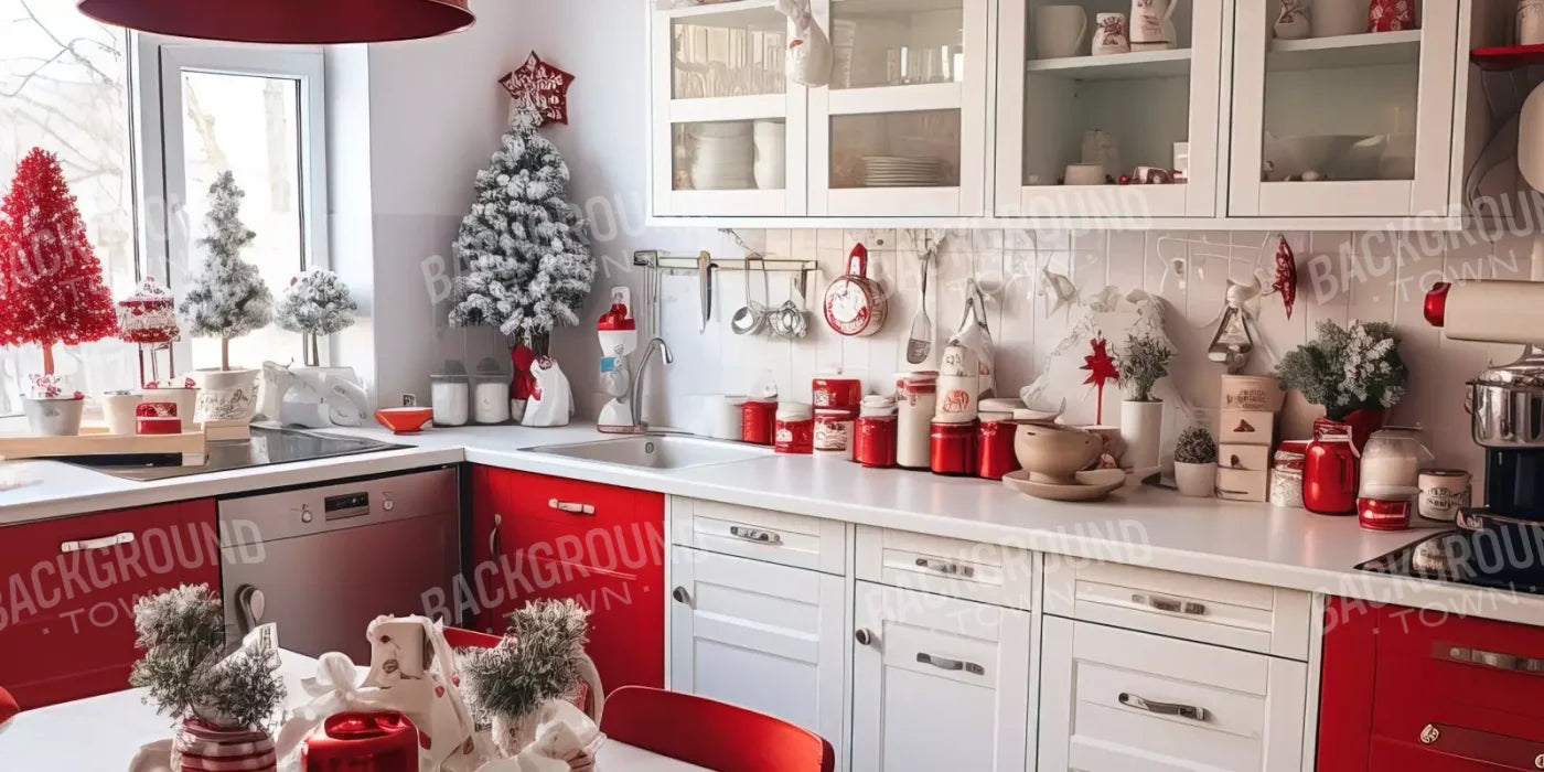 Retro Christmas Kitchen 16’X8’ Ultracloth (192 X 96 Inch) Backdrop