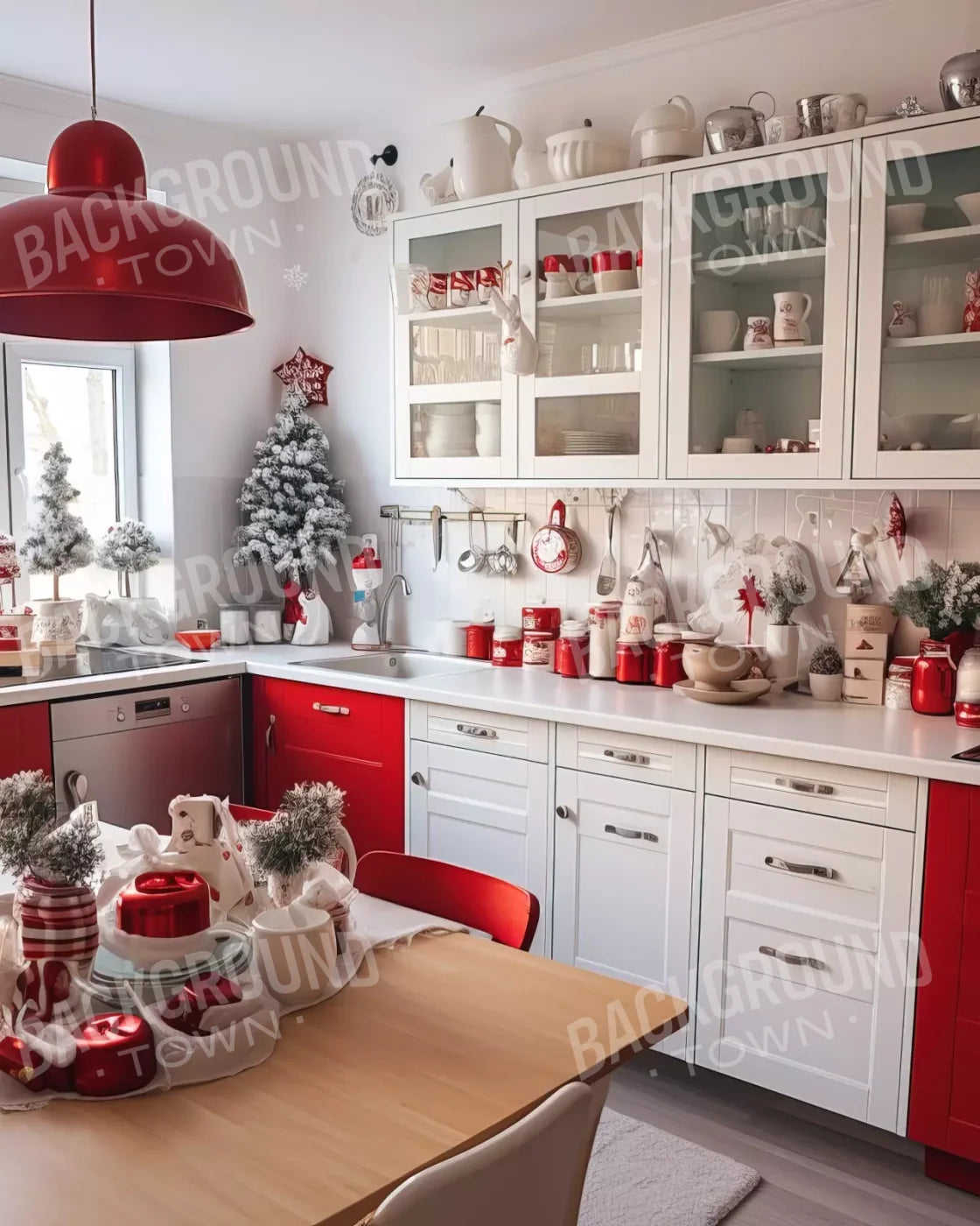 Retro Christmas Kitchen 8’X10’ Fleece (96 X 120 Inch) Backdrop