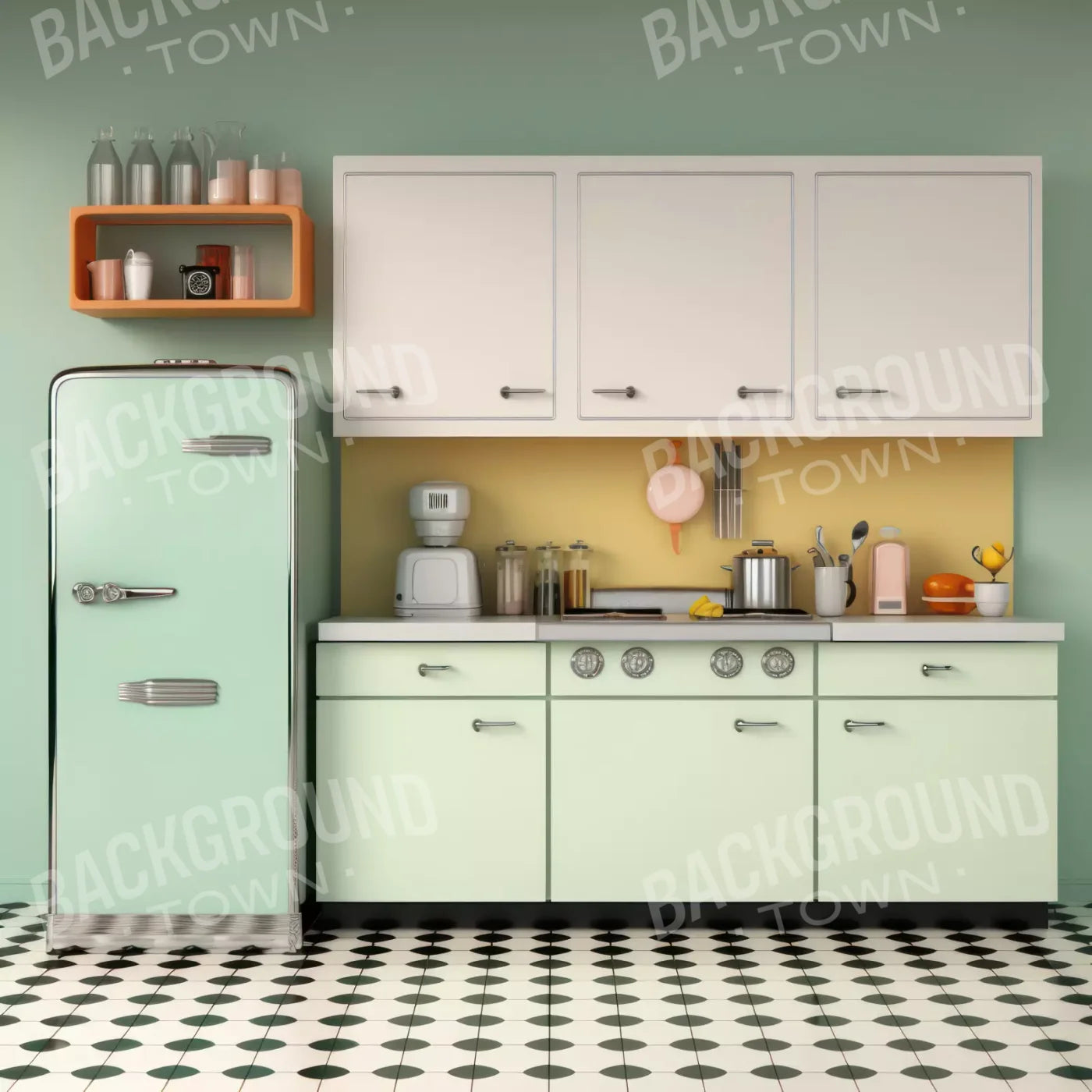 Retro Kitchen 8X8 Fleece ( 96 X Inch ) Backdrop