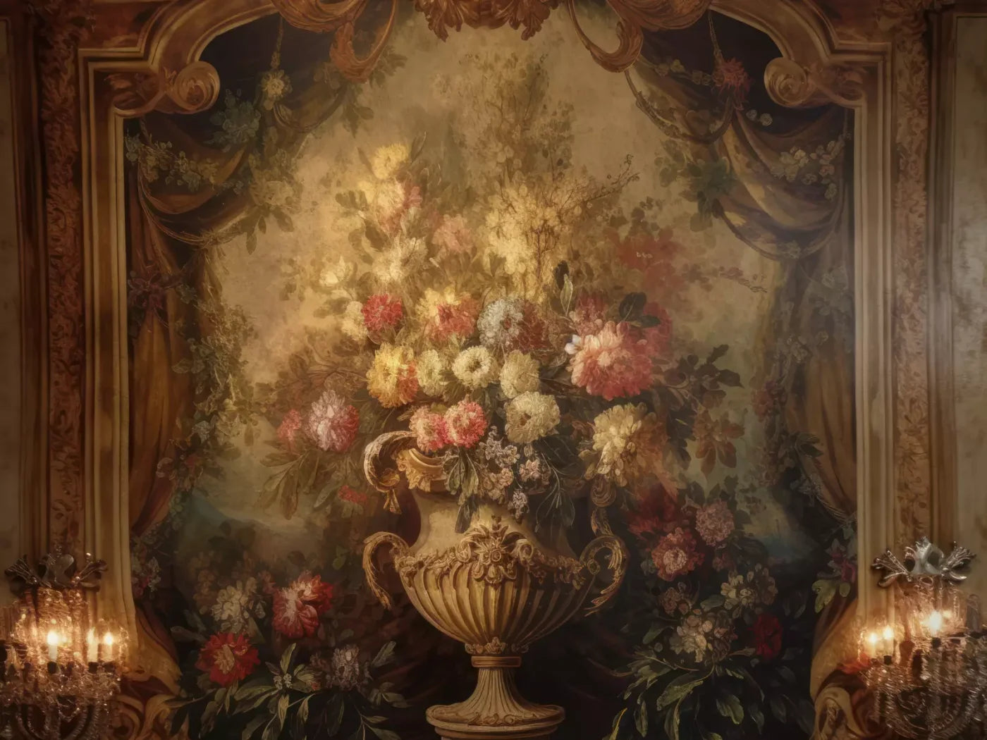 Rococo Aged Floral Wall 10X8 Fleece ( 120 X 96 Inch ) Backdrop
