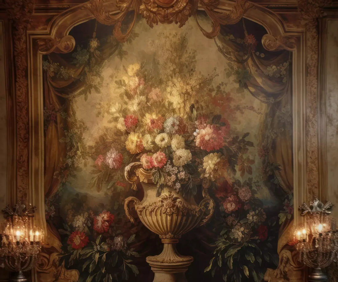 Rococo Aged Floral Wall 5X42 Fleece ( 60 X 50 Inch ) Backdrop