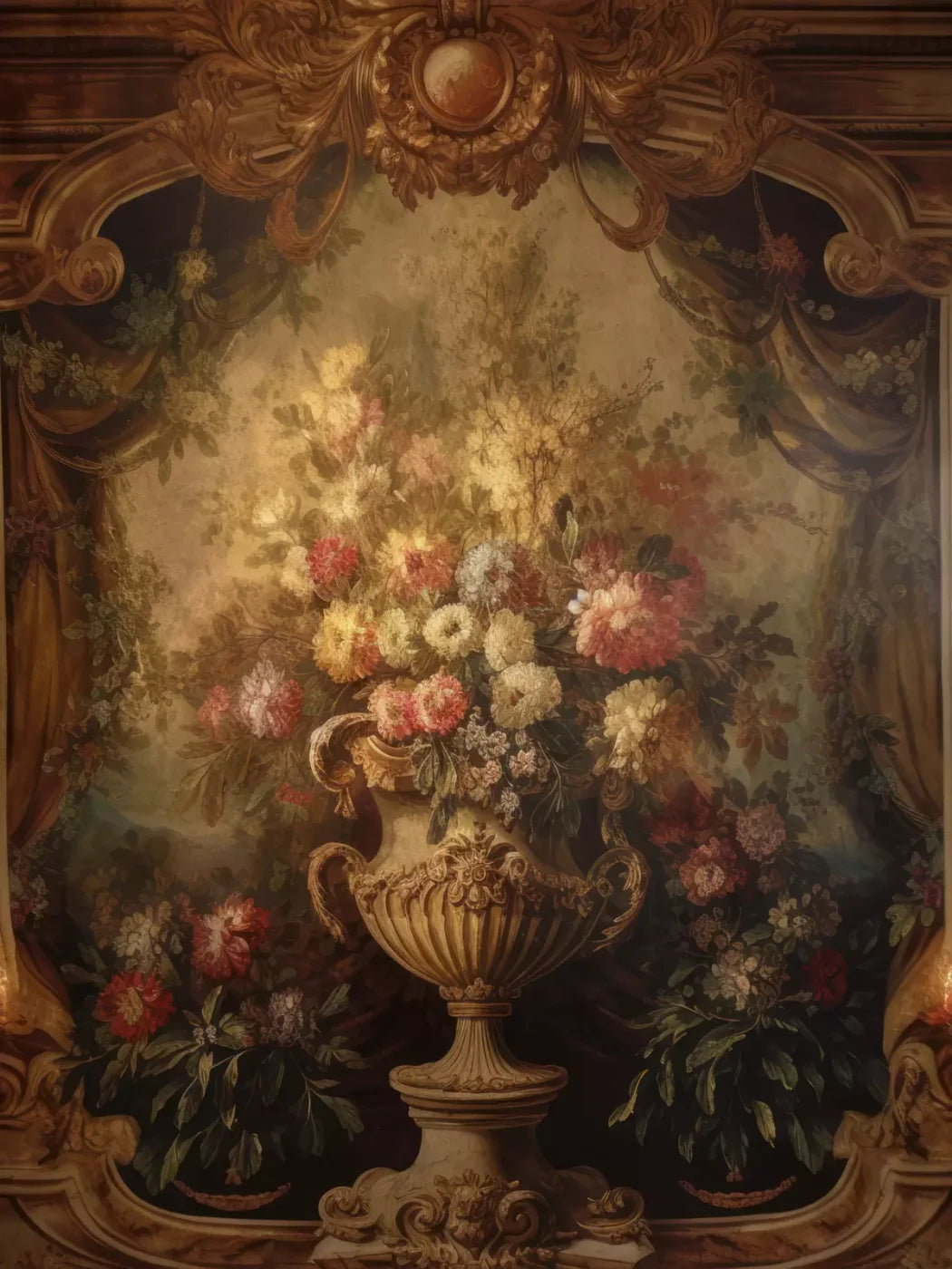Rococo Aged Floral Wall 8X10 Fleece ( 96 X 120 Inch ) Backdrop